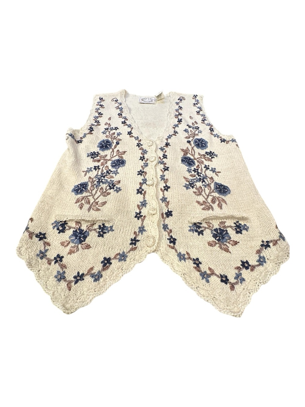 Erika Cream Knit Vest with Blue Floral Embroidery